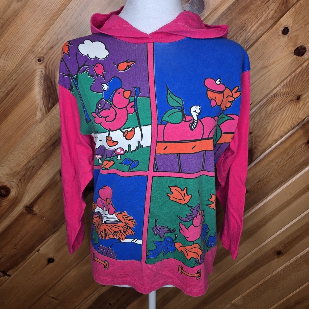 Vtg SPUMONI Color Block Colorful Hooded 3/4 Sleeve Birds‎ Pink M